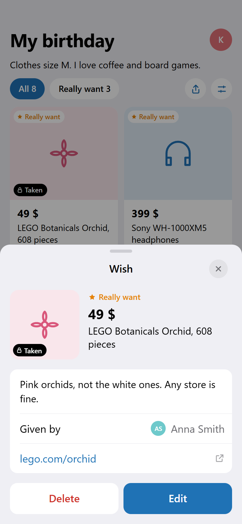 Your own wish with the friend who reserved it