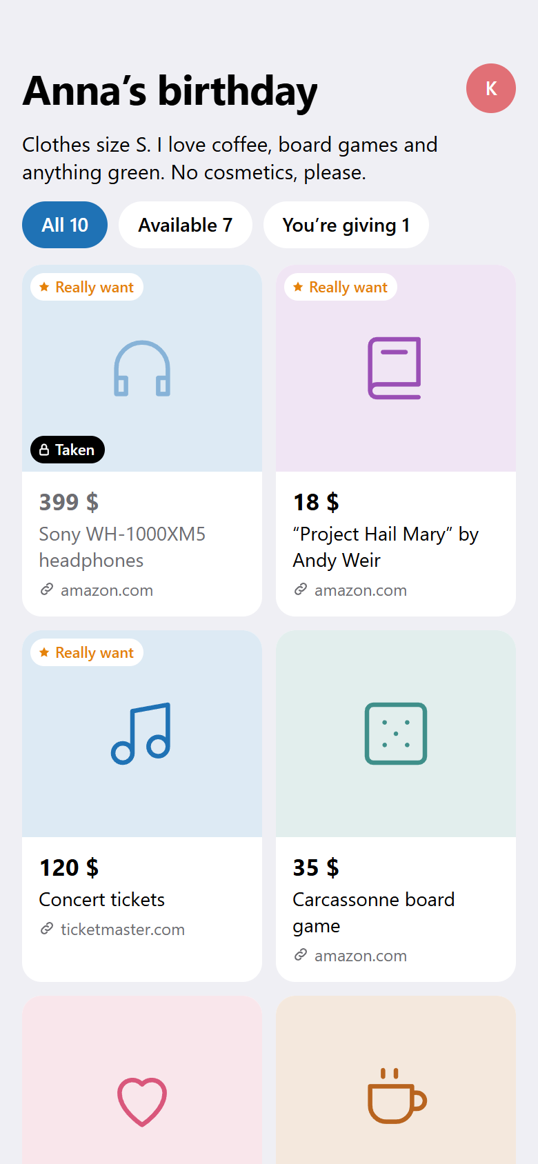 A friend's wishlist with reserved gifts marked as taken