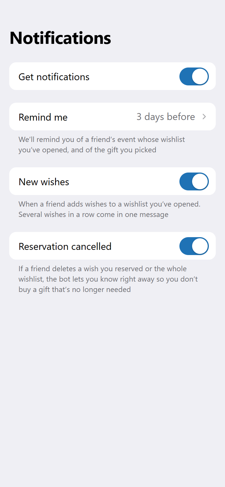Wishey notification settings: event reminders and new wishes