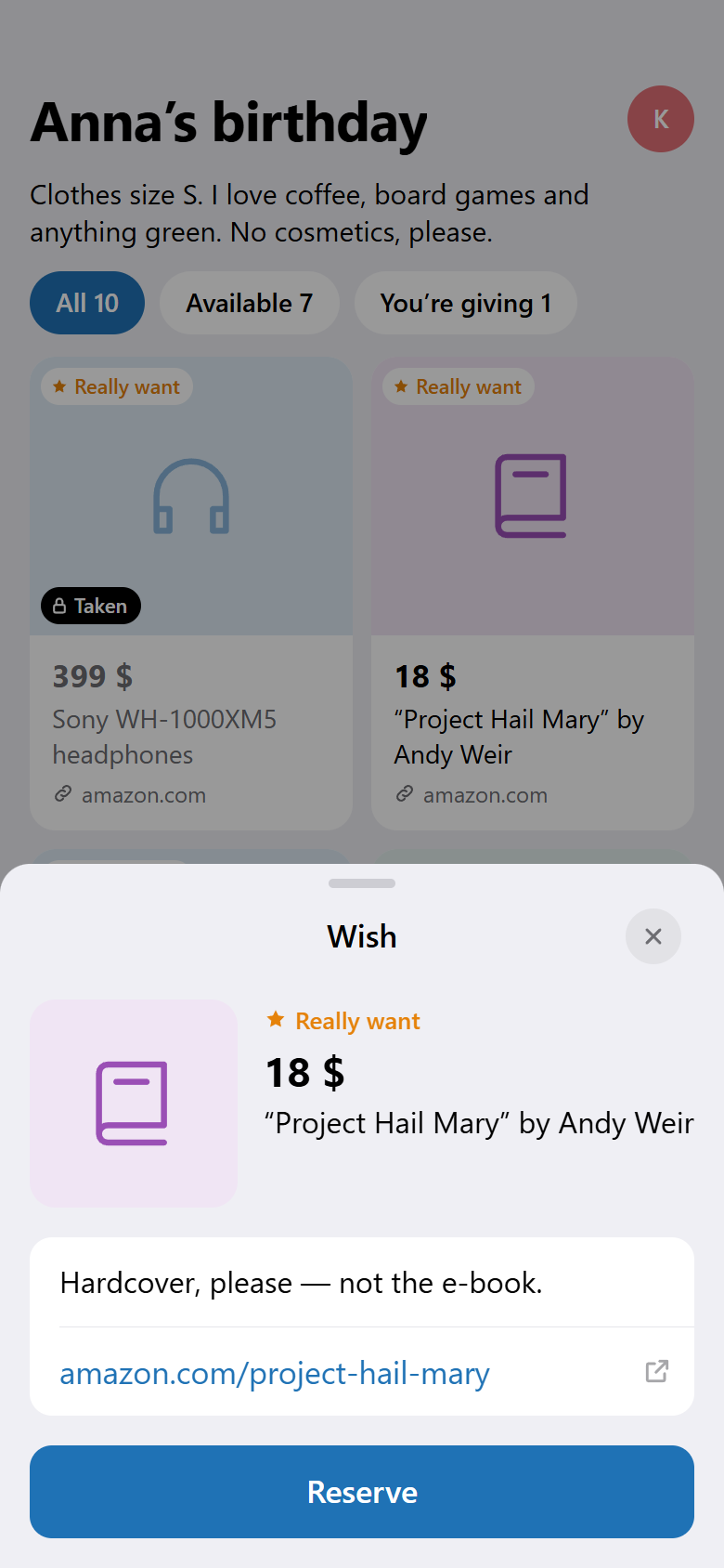Reserving a gift from a friend's wishlist in Wishey